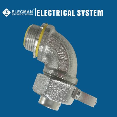 90 Degree Conduit Liquid Tight Flexible Connector Malleable Iron With Grounding Lug